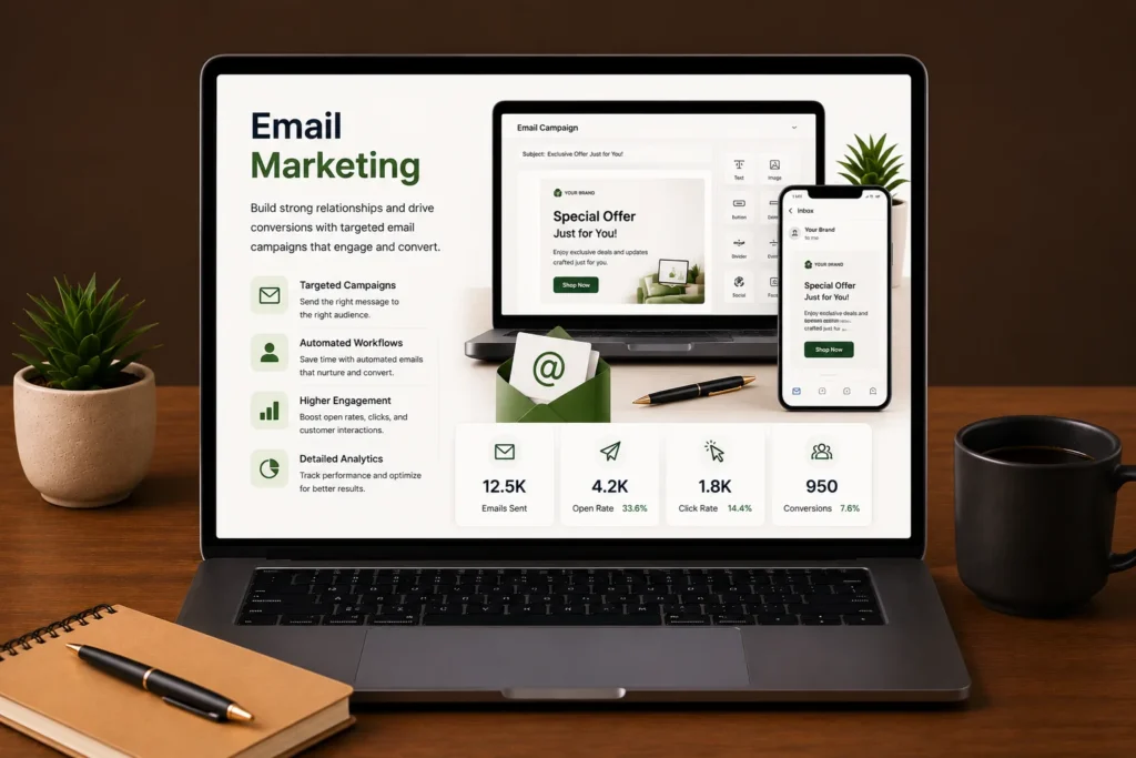 Email marketing services by a Freelance Digital Marketing Expert in Dammam, Saudi Arabia featuring email campaign automation, audience targeting, analytics, and conversion tracking.