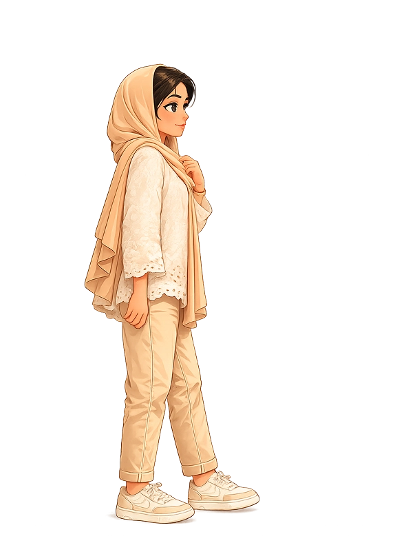 Freelance Digital Marketer in Dammam Saudi Arabia represented as a Disney-style cartoon character wearing a beige hijab and neutral outfit.