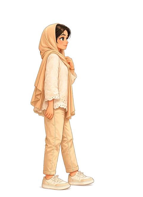 Freelance Digital Marketer in Dammam saudi arabia represented as a Disney-style cartoon character wearing a beige hijab and neutral outfit.