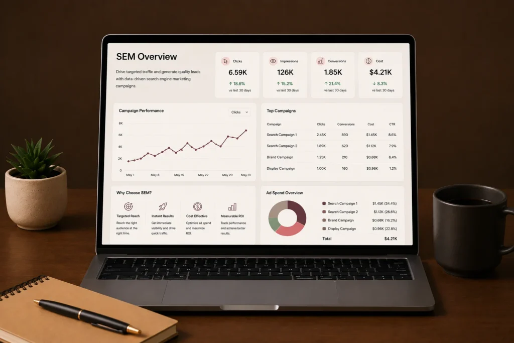 SEM campaign dashboard created by a Freelance Digital Marketing Expert in Dammam, Saudi Arabia showcasing Google Ads performance, clicks, impressions, conversions, and ROI.