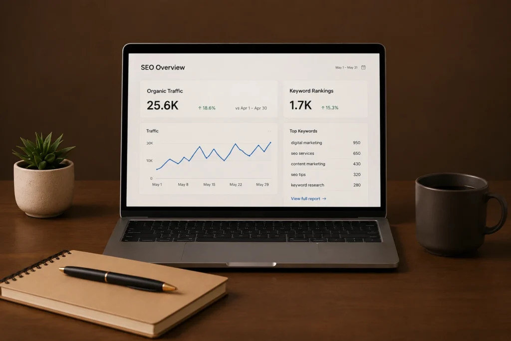 SEO performance dashboard managed by a Freelance Digital Marketer in Dammam, Saudi Arabia to improve search rankings and organic traffic