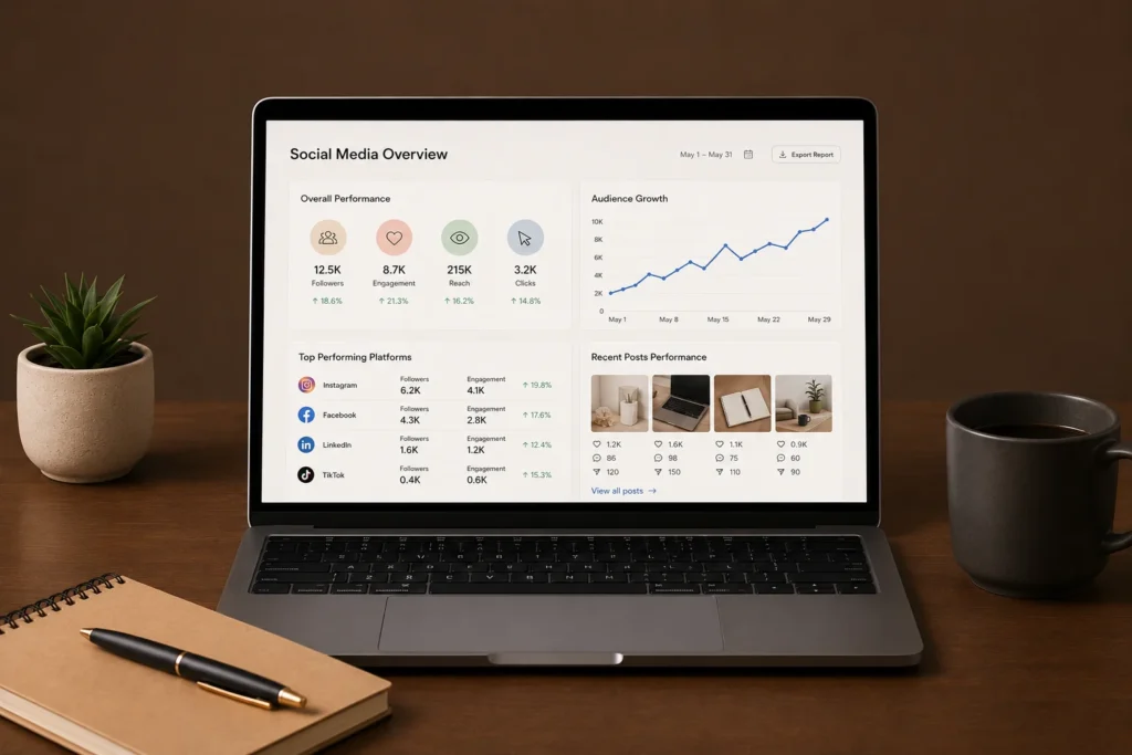 Social media marketing dashboard managed by a Freelance Digital Marketer in Dammam, Saudi Arabia to improve engagement, audience growth, and campaign performance